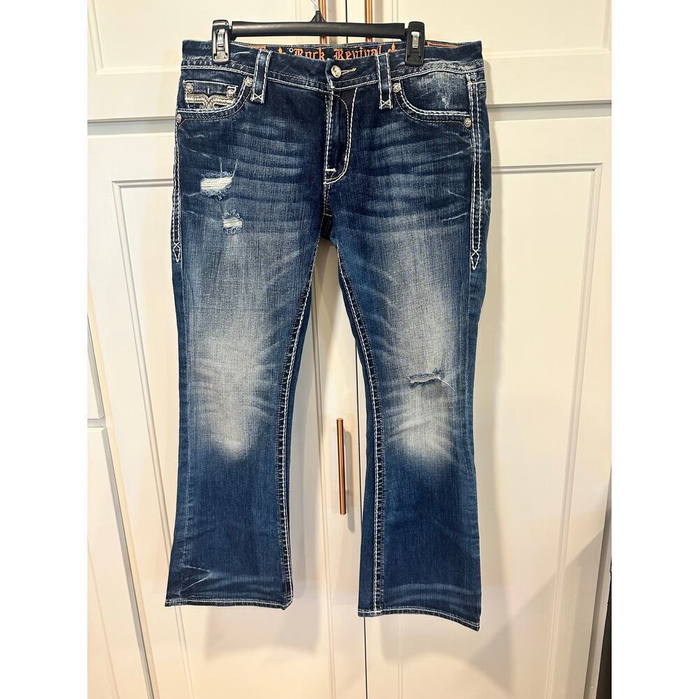 Rock Revival Women's Easy Boot Jeans - Distressed Dark Blue Wash